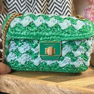 Kate Spade Green and Blue Mini straw Bag with Chevron Pattern